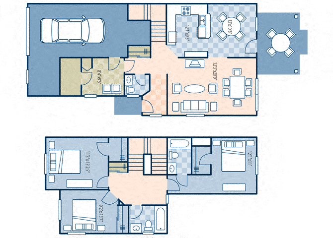 Floor plan for 3 beds, 2.5 baths, 1419 sqft